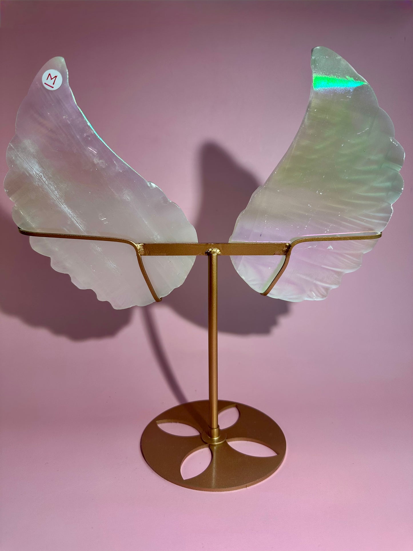 Perfectly Imperfect Large Aura Satin Spar (Selenite) Angel Wing Pair on Gold Stand Misfit | Repaired Misfit Collector Piece