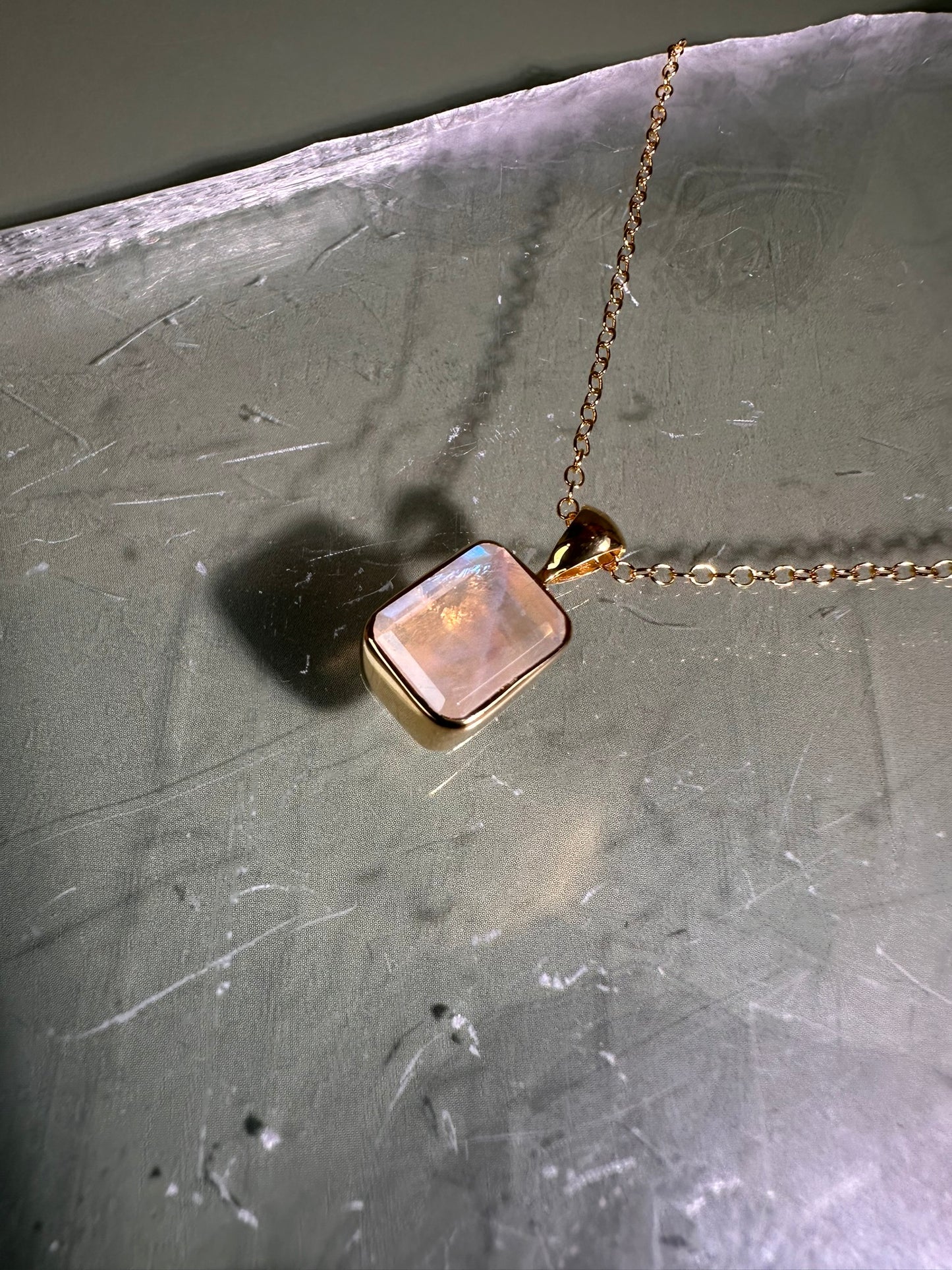 925 Sterling Silver 18K Yellow Gold Vermeil Faceted Rainbow Moonstone Cushion (Pillow) Bezel Necklace