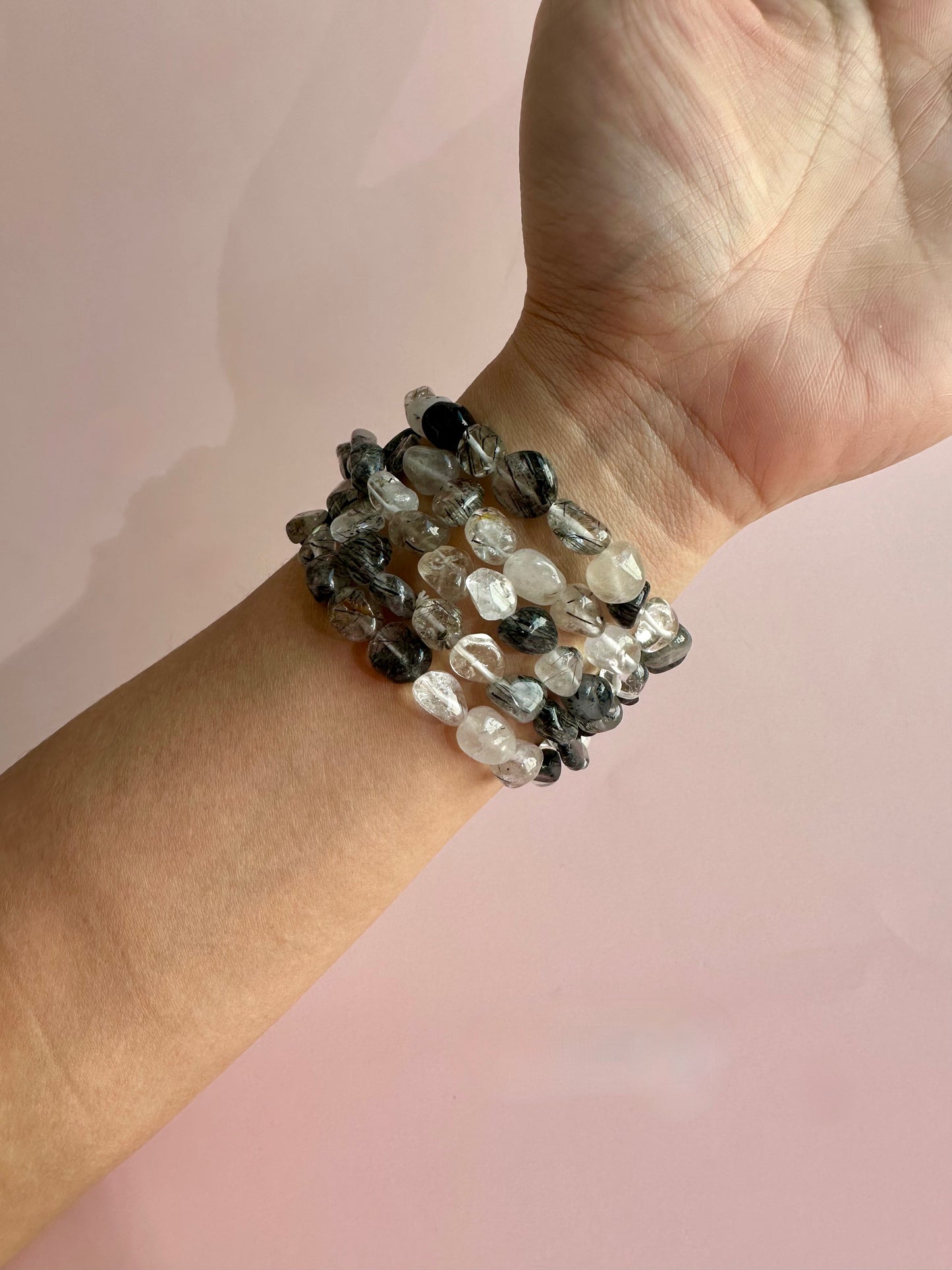 8mm Black Rutile Quartz (Black Tourmaline in Quartz) Polished Tumbled Bracelet