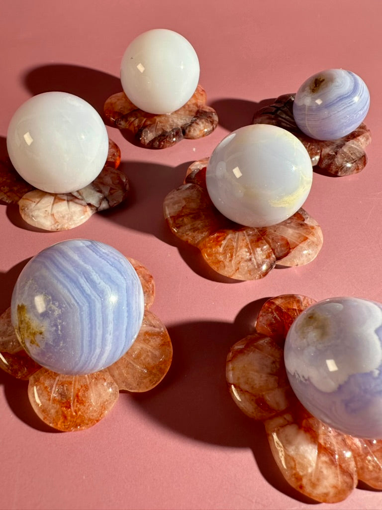 Intuitively Chosen Fire Quartz Flower Sphere Holder | Hematoid Quartz Crystal Display Stand