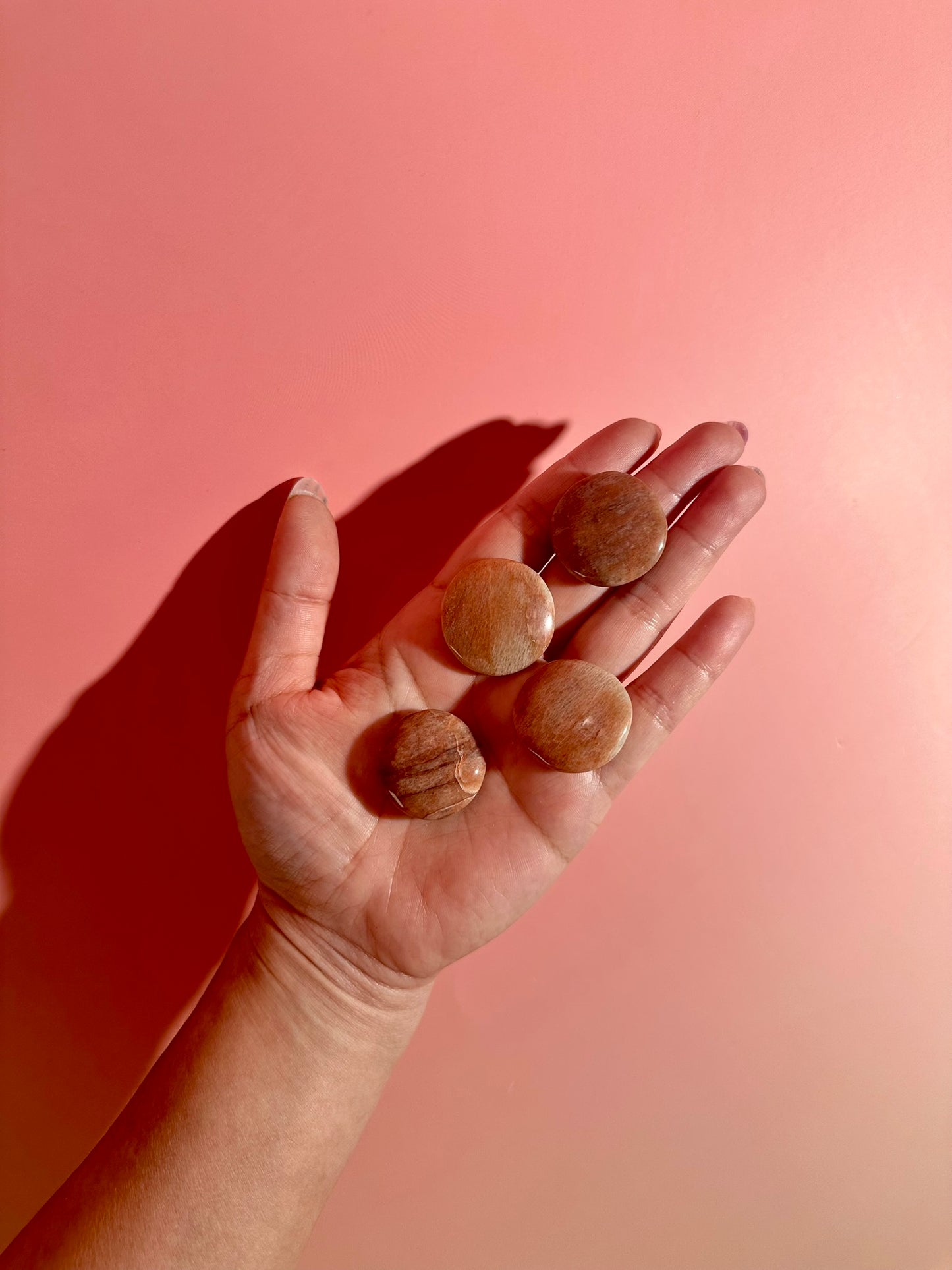 Peach Moonstone Mini Round Flat Palm