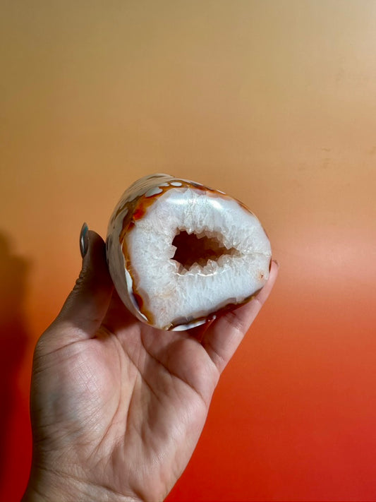 Carnelian Orca Agate Standing Freeform – Option G | Hidden Druzy Pocket, Abundance & Collector Crystal