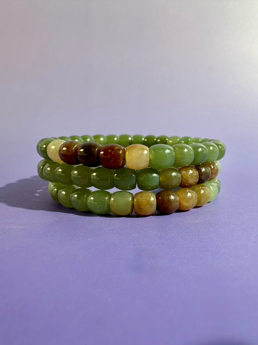 6mm Green & Brown Nephrite Jade Barrel Beaded Bracelet | Gemstone Jewelry