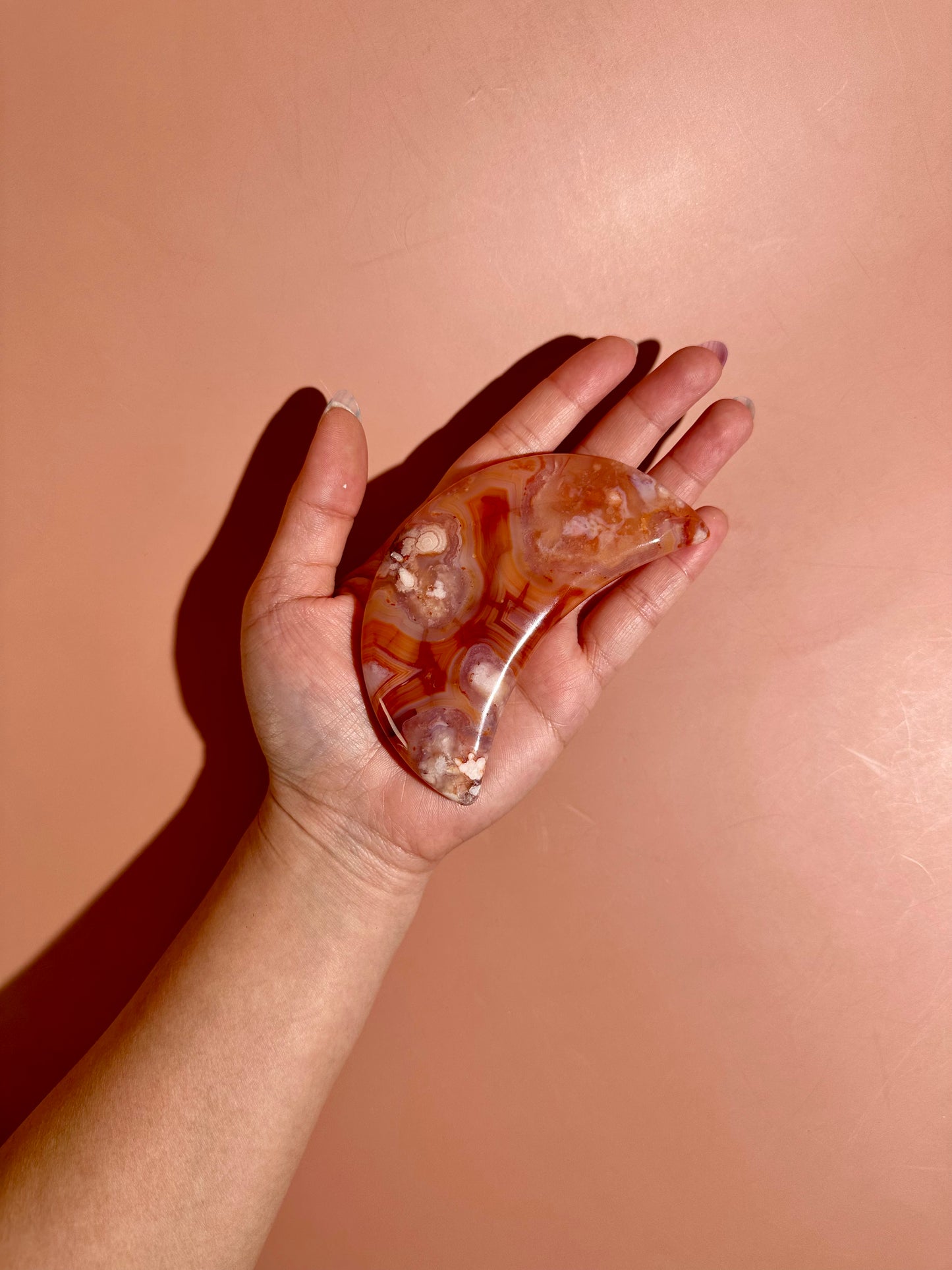 Carnelian Agate Crescent Moon on Black Stand – Option D | Empowerment, Passion & New Beginnings