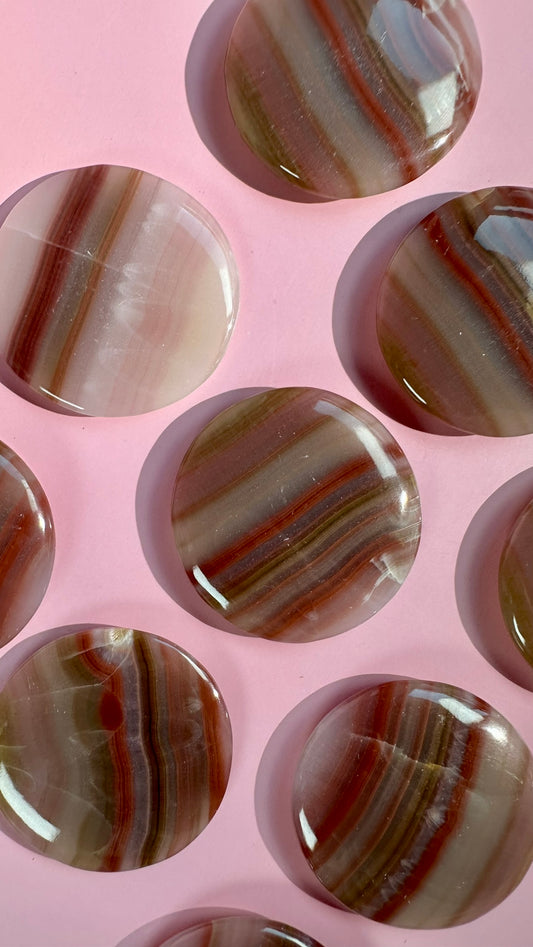 Pink Banded Calcite Round Flat Palm