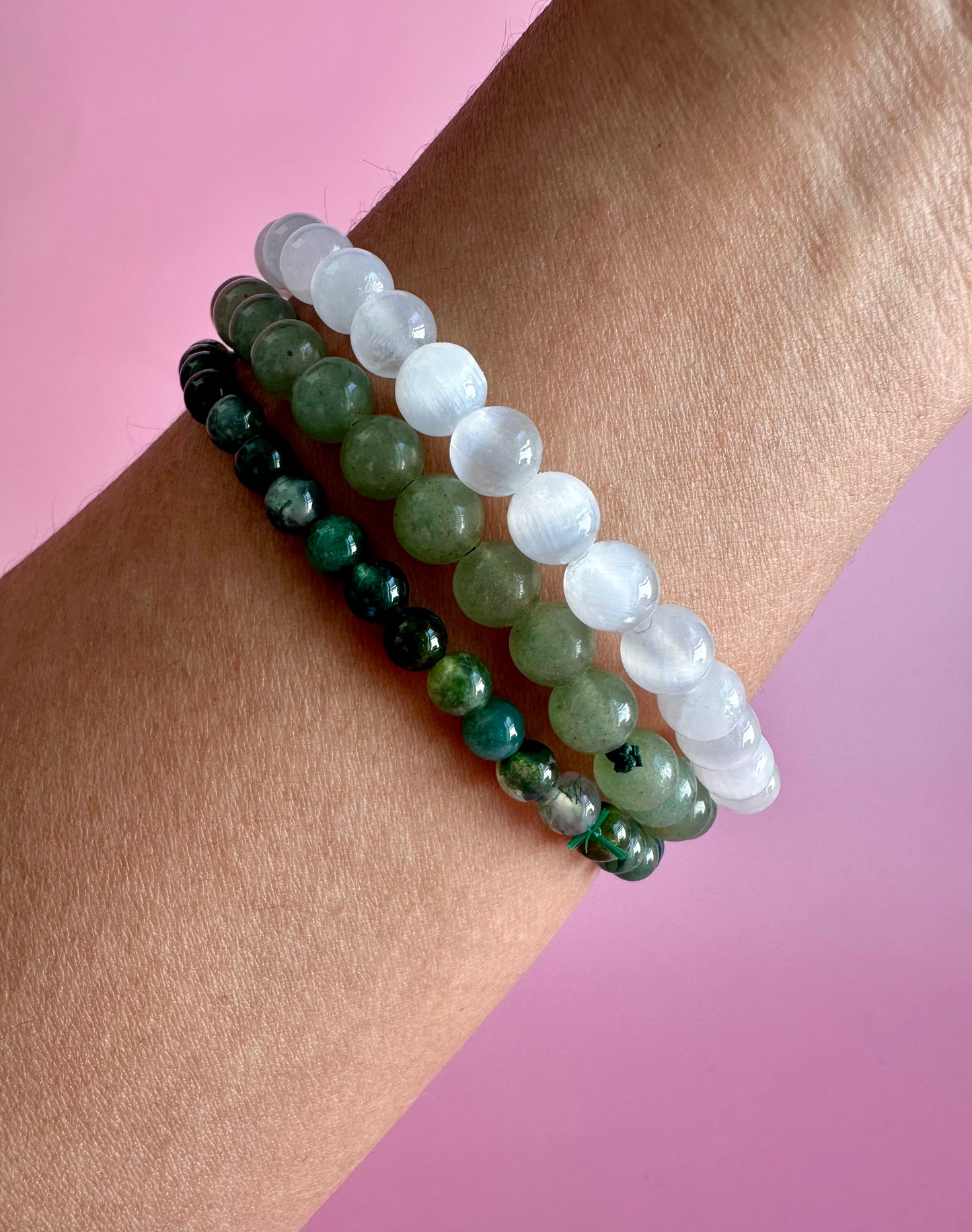 Bracelet Bundle Set: “Heaven & Earth” - Moss Agate, Green Jade, Satin Spar (Selenite)