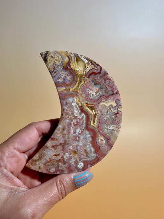 Pink Crazy Lace Agate Crescent Moon Carving – Option B | Positivity & Heart Healing Energy
