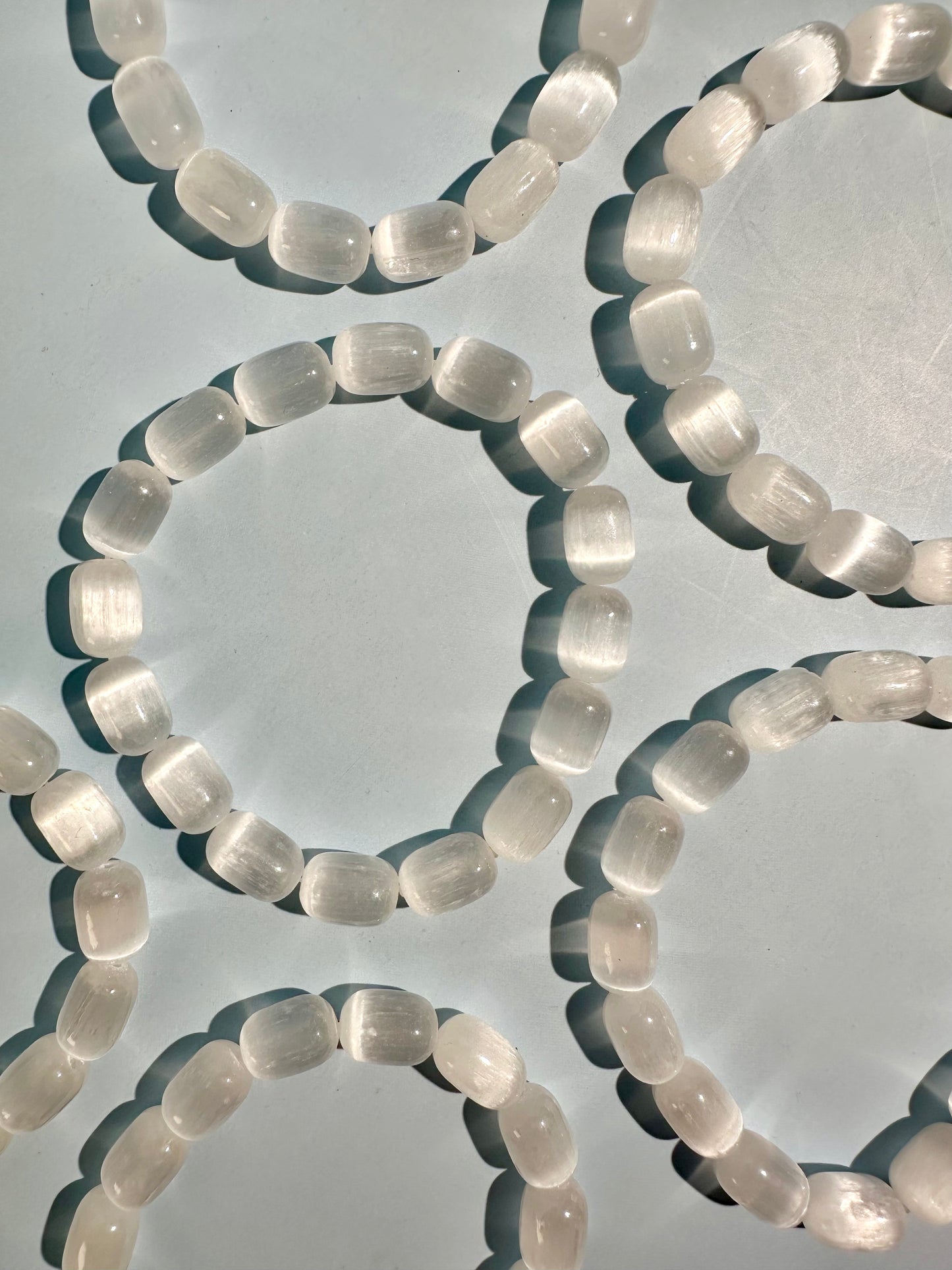 Barrel Satin Spar (Selenite) Beaded Bracelet | Cleansing & Peace Energy