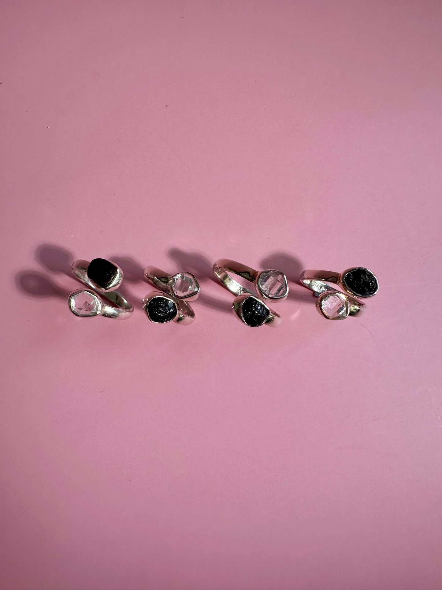 925 Sterling Silver Alma Toi et Moi Two-Stone Adjustable Rough Black Tourmaline & Herkimer Diamond Bezel Ring