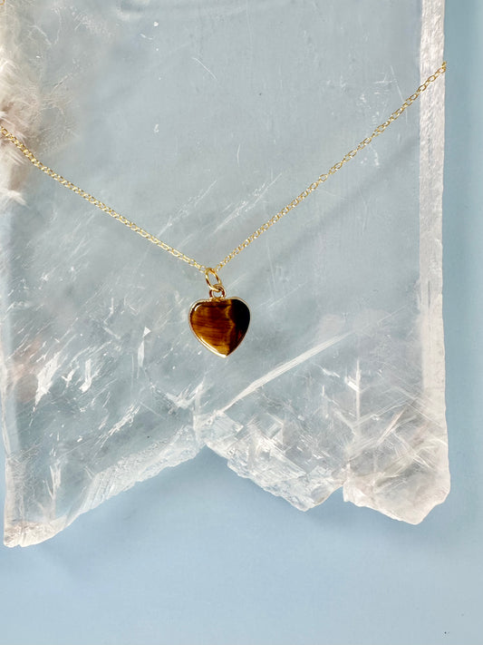 Brass Base with 18K Gold Tone Electroplated Finish Tiger’s Eye Heart Necklace