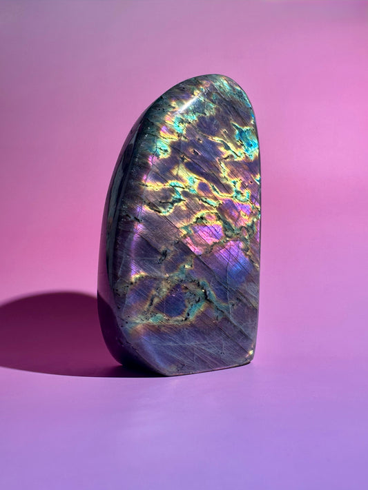 Large Oil Slick Yellow and Purple Flash Labradorite Standing Freeform – Option Q