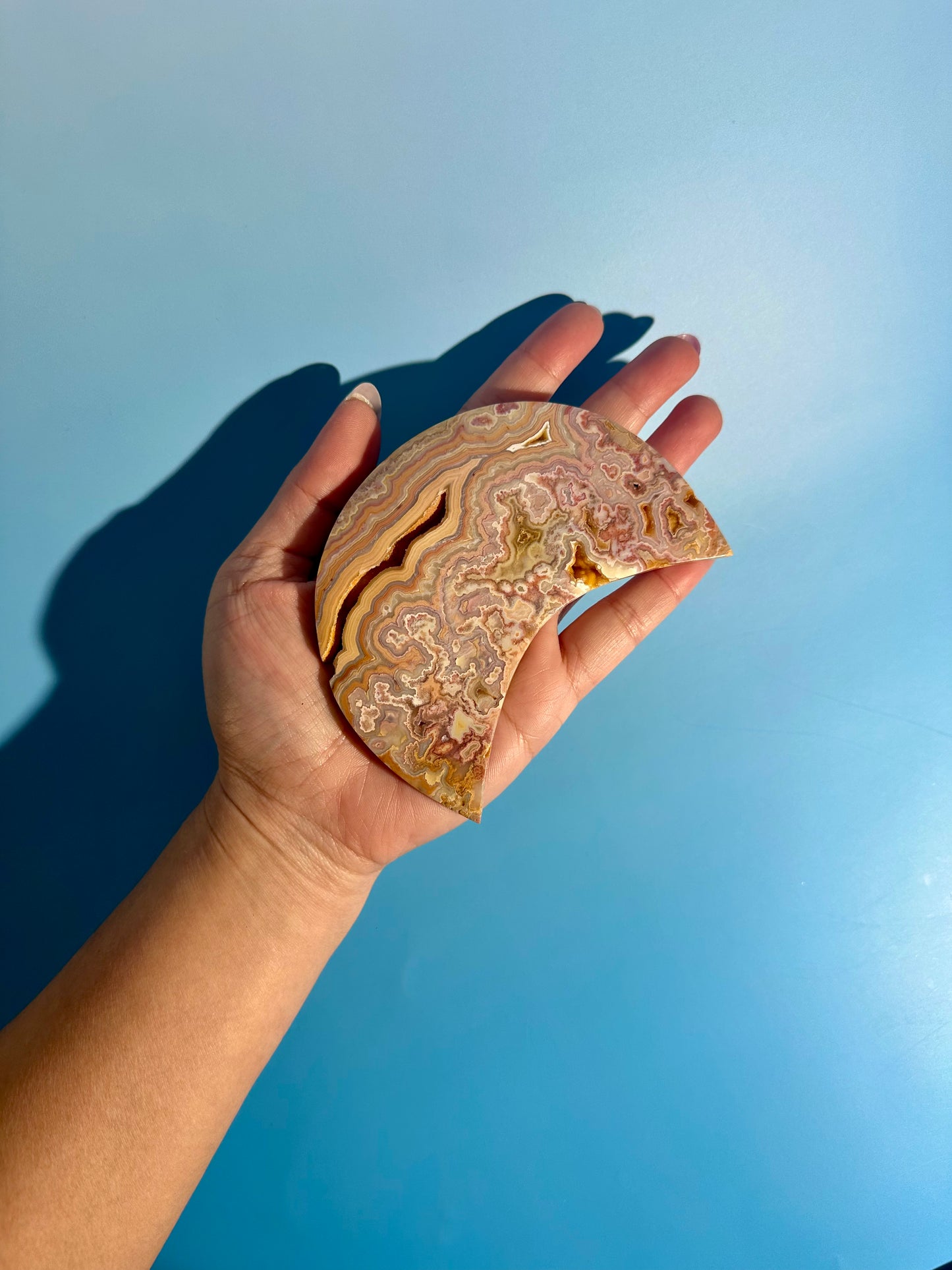 Pink Crazy Lace Agate Crescent Moon Carving – Option C | Harmony, Growth & Joyful Energy