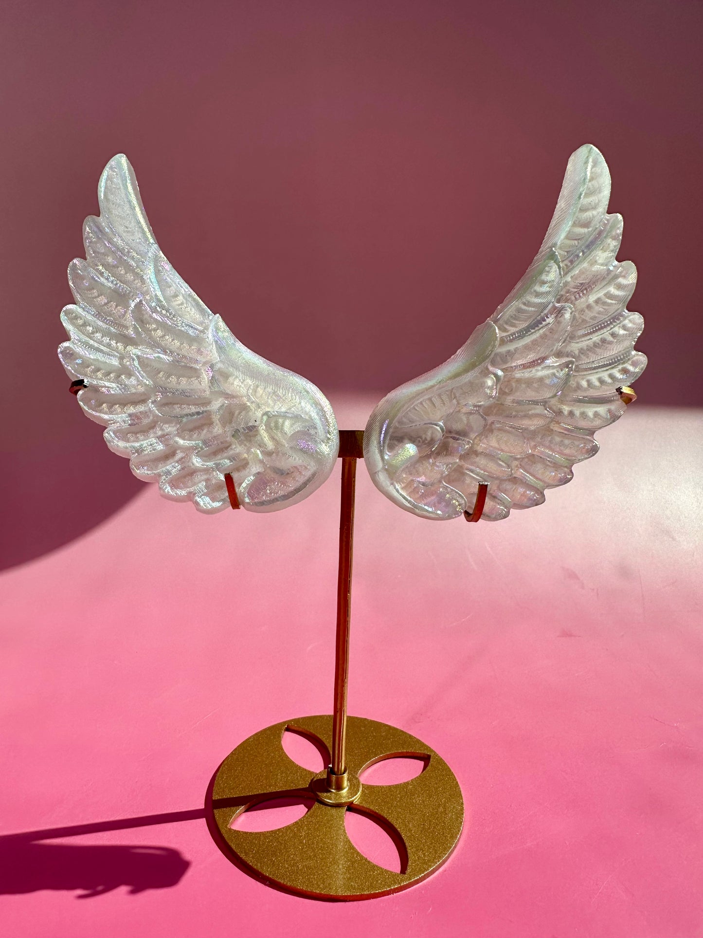 Small Aura Satin Spar (Selenite) Angel Wing Pair on Gold Stand | Peace & Angelic Energy