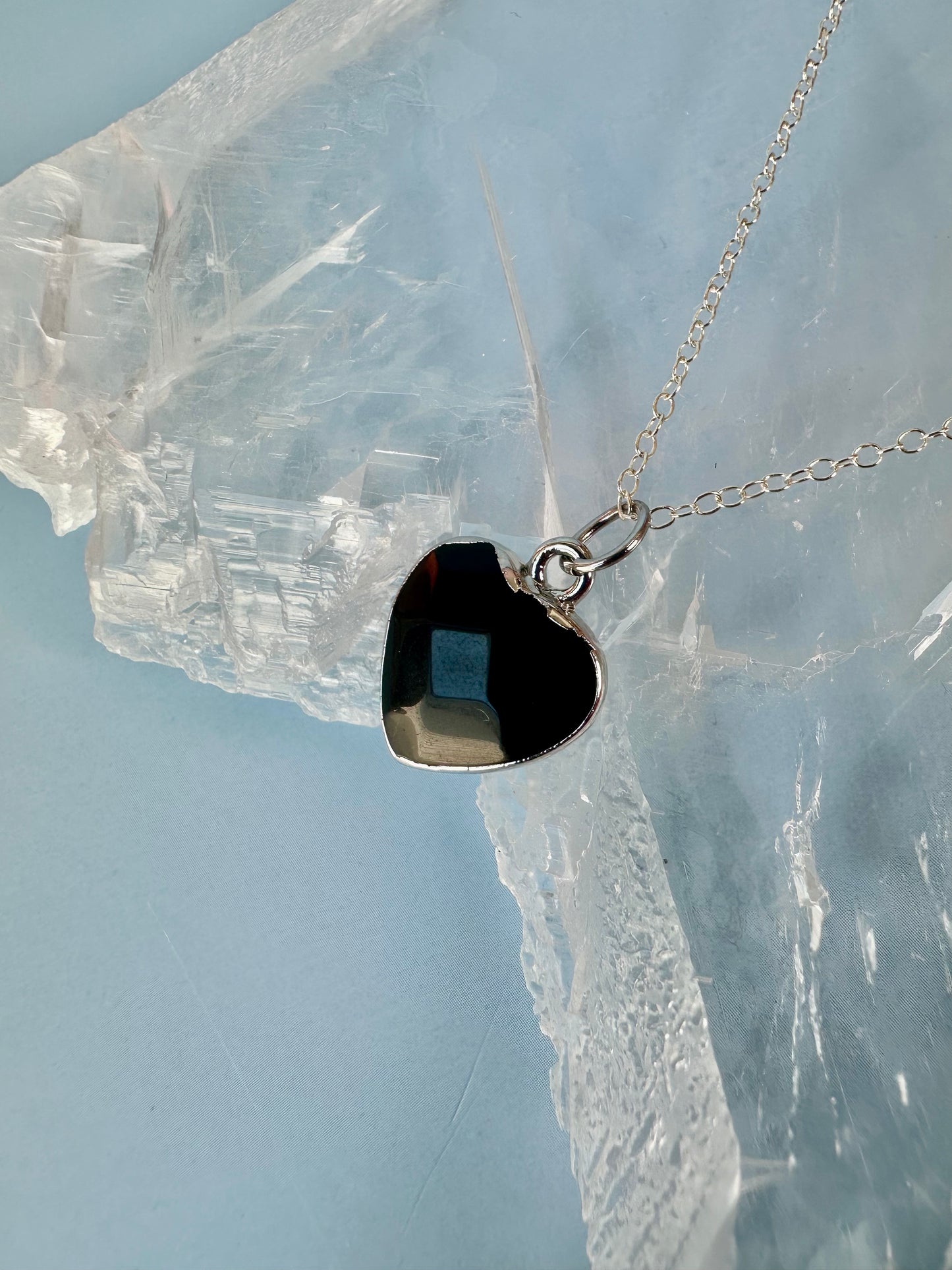 Brass Base with Silver Electroplated Finish Obsidian Heart Necklace
