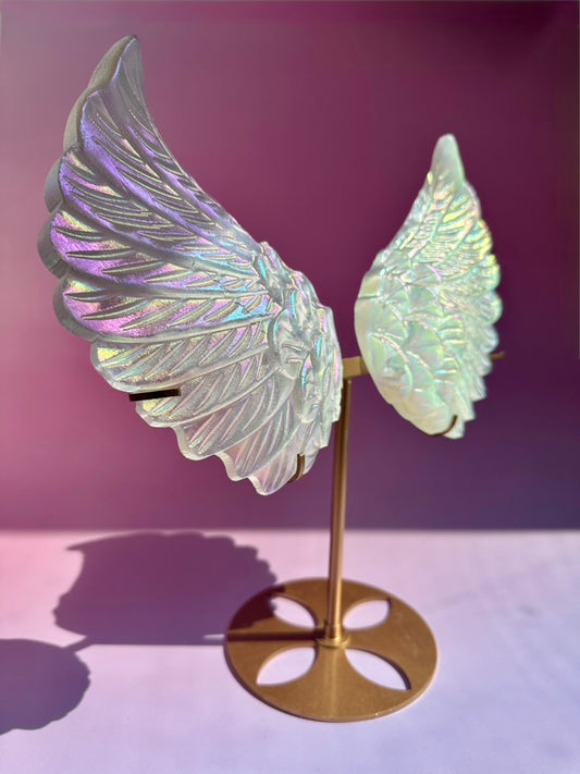 Large Aura Satin Spar (Selenite) Angel Wing Pair on Gold Stand | Statement Angelic & Cleansing Energy