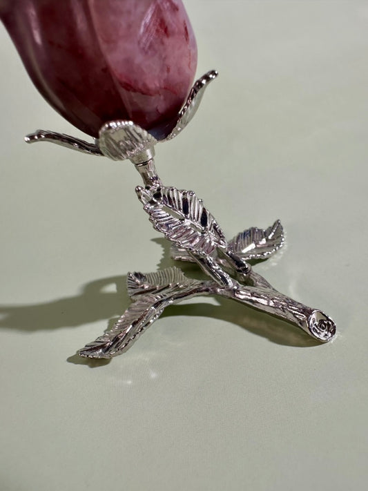 Intuitively Chosen Fire Quartz Rose on Silver Branch Stand | Hematoid Quartz Crystal Décor