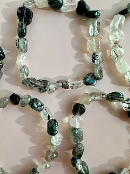 8mm Black Rutile Quartz (Black Tourmaline in Quartz) Polished Tumbled Bracelet