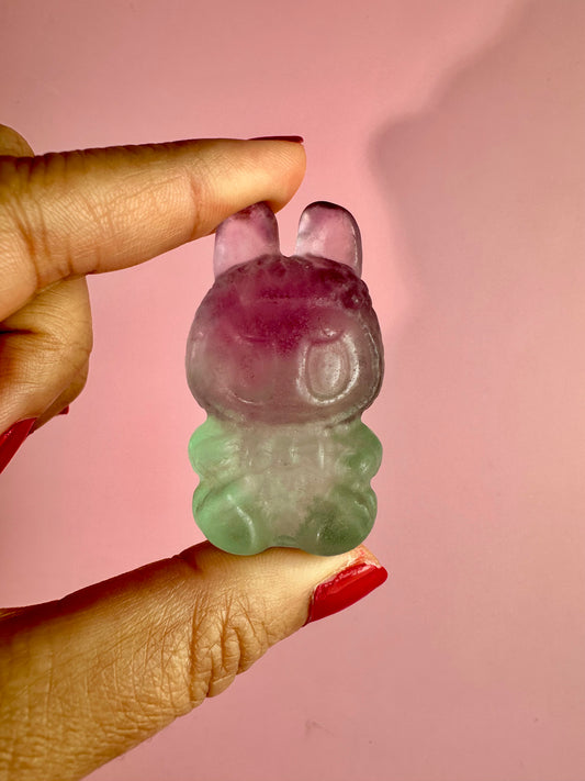 Rainbow Fluorite Sitting Lafufu Kawaii Forest Spirit Figurine Carving - B