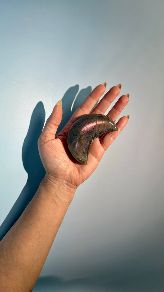 Large Purple Flash Labradorite Crescent Moon – Option D