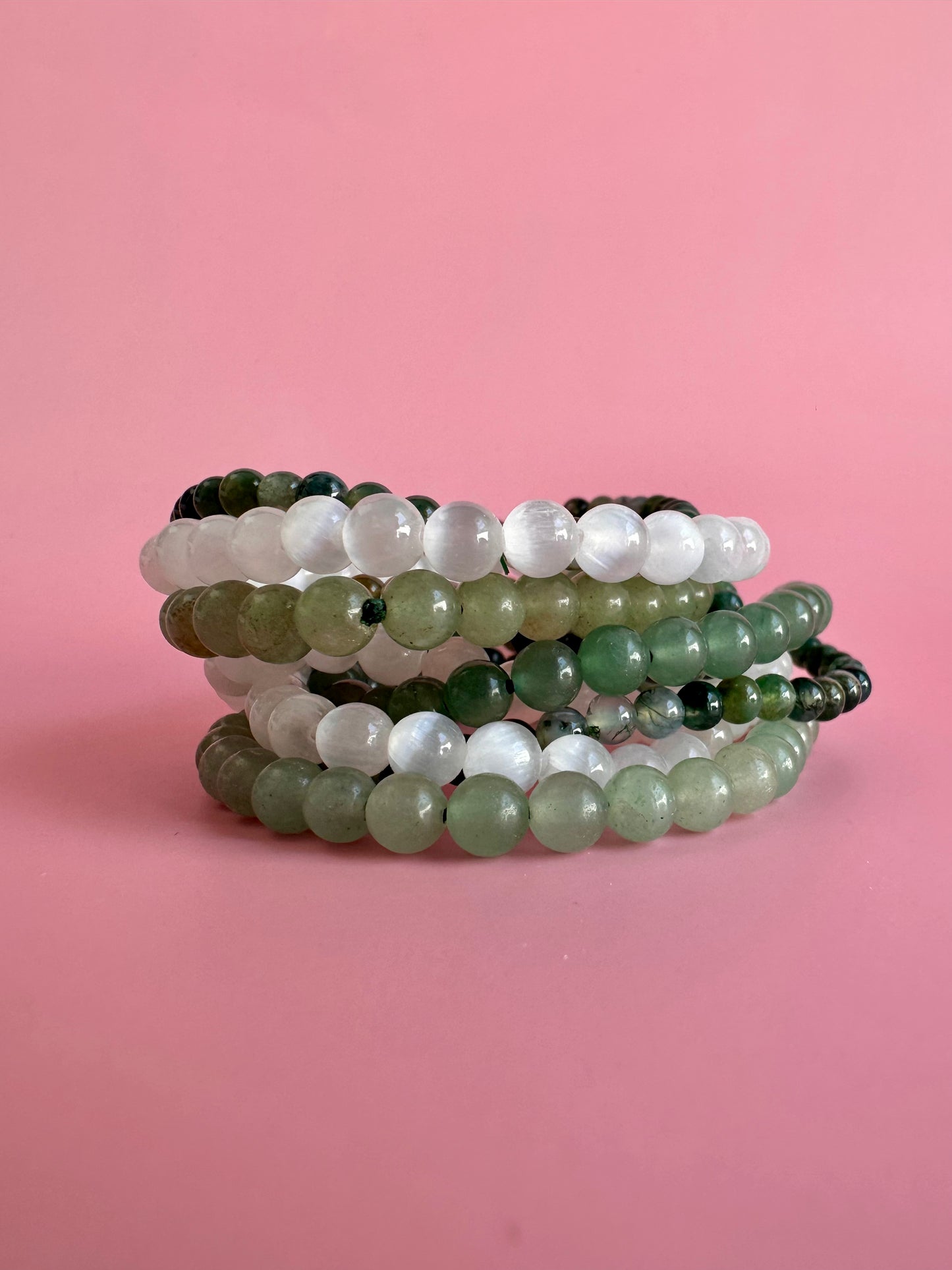 Bracelet Bundle Set: “Heaven & Earth” - Moss Agate, Green Jade, Satin Spar (Selenite)