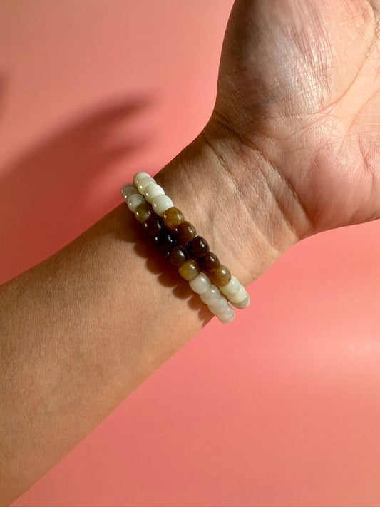 6mm White & Brown Barrel Beaded Bracelet | Natural Gemstone Jewelry