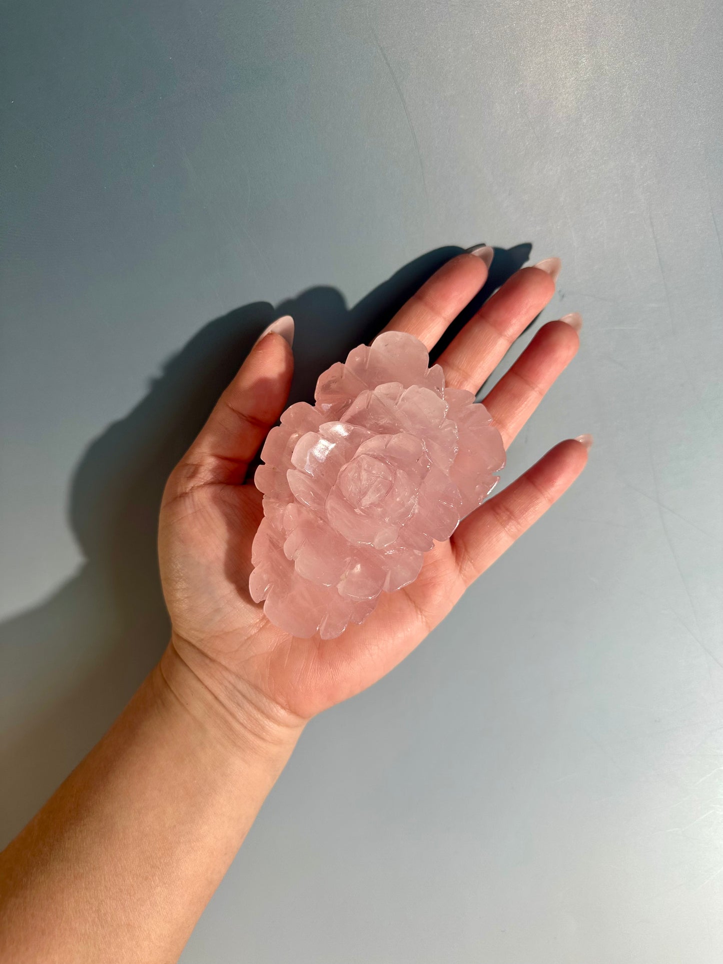Rose Quartz Flower Carving on Stand