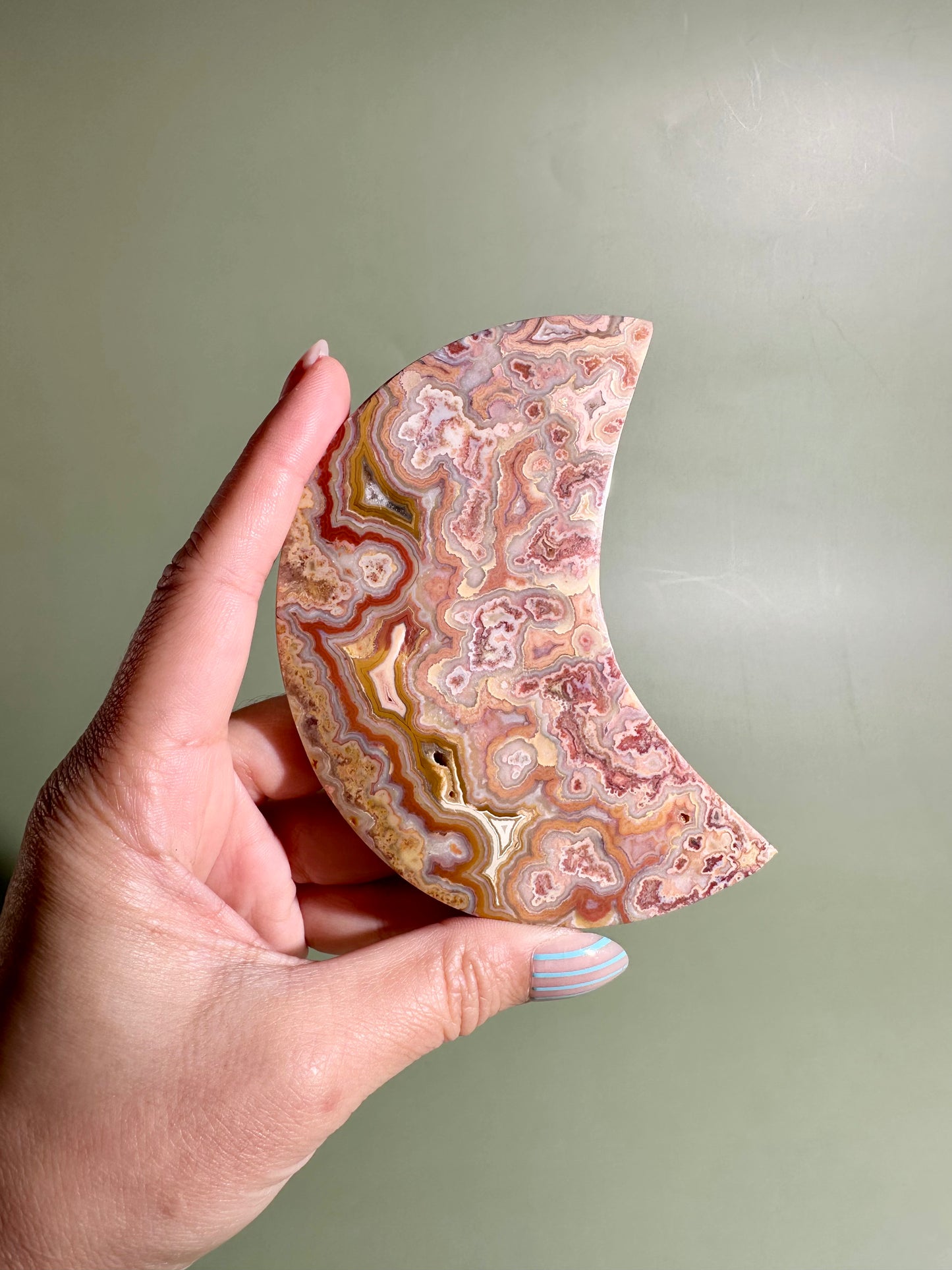 Pink Crazy Lace Agate Crescent Moon Carving – Option D | Joy, Emotional Balance & Lunar Energy