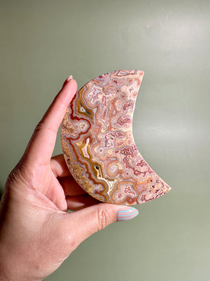 Pink Crazy Lace Agate Crescent Moon Carving – Option D | Joy, Emotional Balance & Lunar Energy
