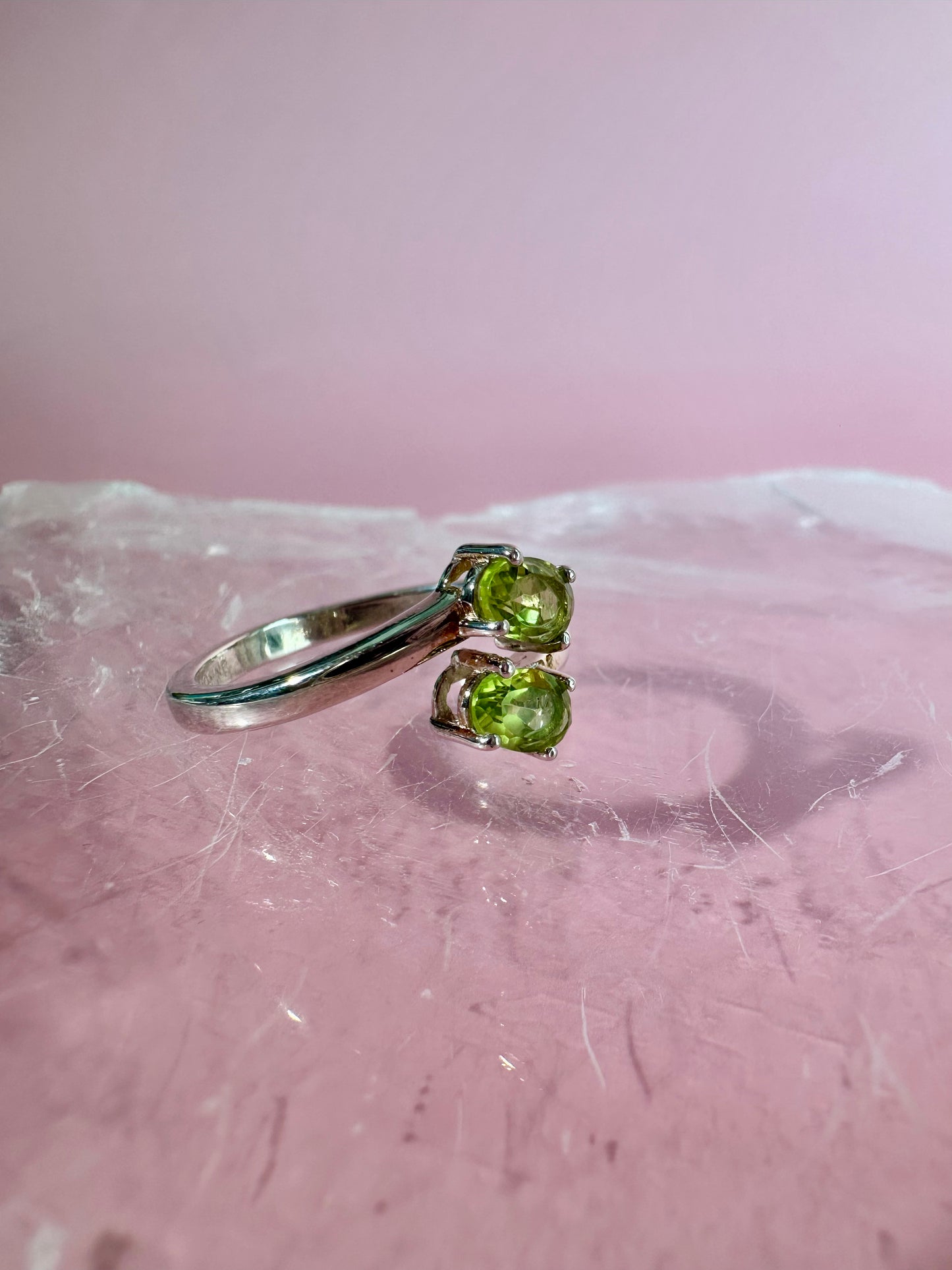 925 Sterling Silver Alma Toi et Moi Two-Stone Adjustable Faceted Peridot Prong Ring