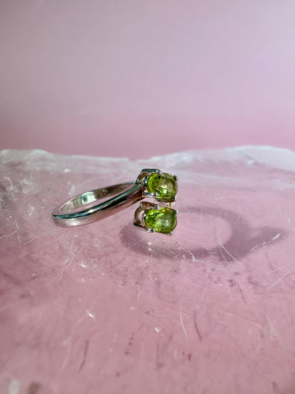 925 Sterling Silver Alma Toi et Moi Two-Stone Adjustable Faceted Peridot Prong Ring