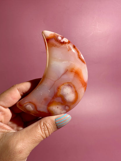 Carnelian Agate Crescent Moon on Black Stand – Option E | Success, Vitality & Abundance Energy
