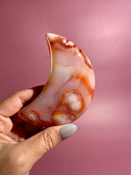 Carnelian Agate Crescent Moon on Black Stand – Option E | Success, Vitality & Abundance Energy