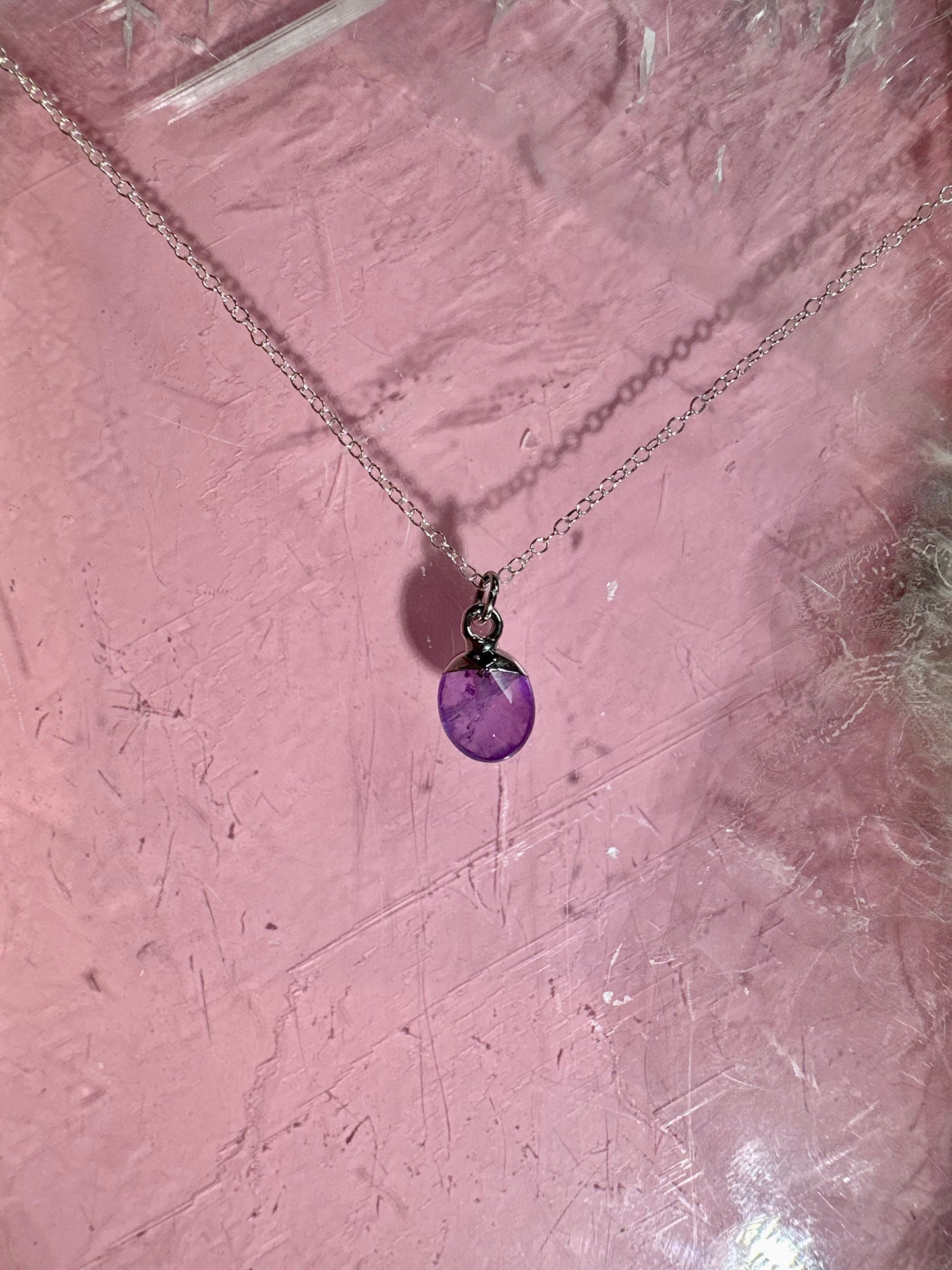 Sterling Silver Plated Amethyst Faceted Oval Drop Necklace