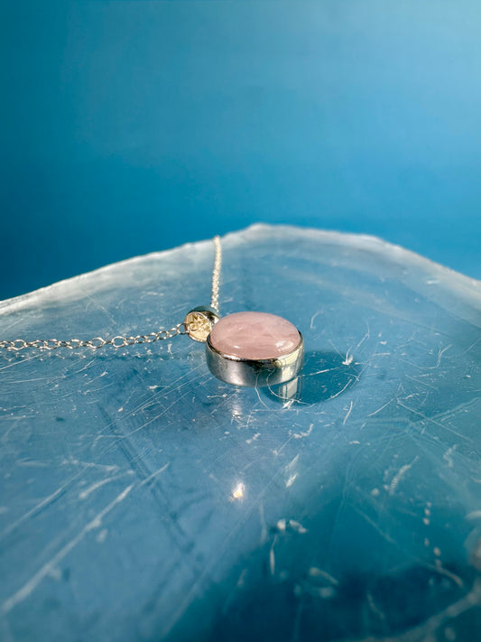 925 Sterling Silver Polished Rose Quartz Round Bezel Necklace