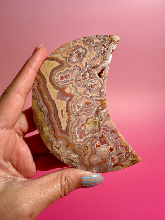 Pink Crazy Lace Agate Crescent Moon Carving – Option A | Joy, Balance & Gentle Energy