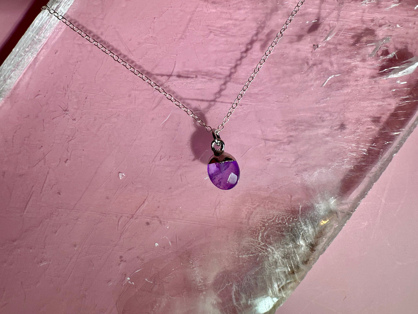 Sterling Silver Plated Amethyst Faceted Oval Drop Necklace
