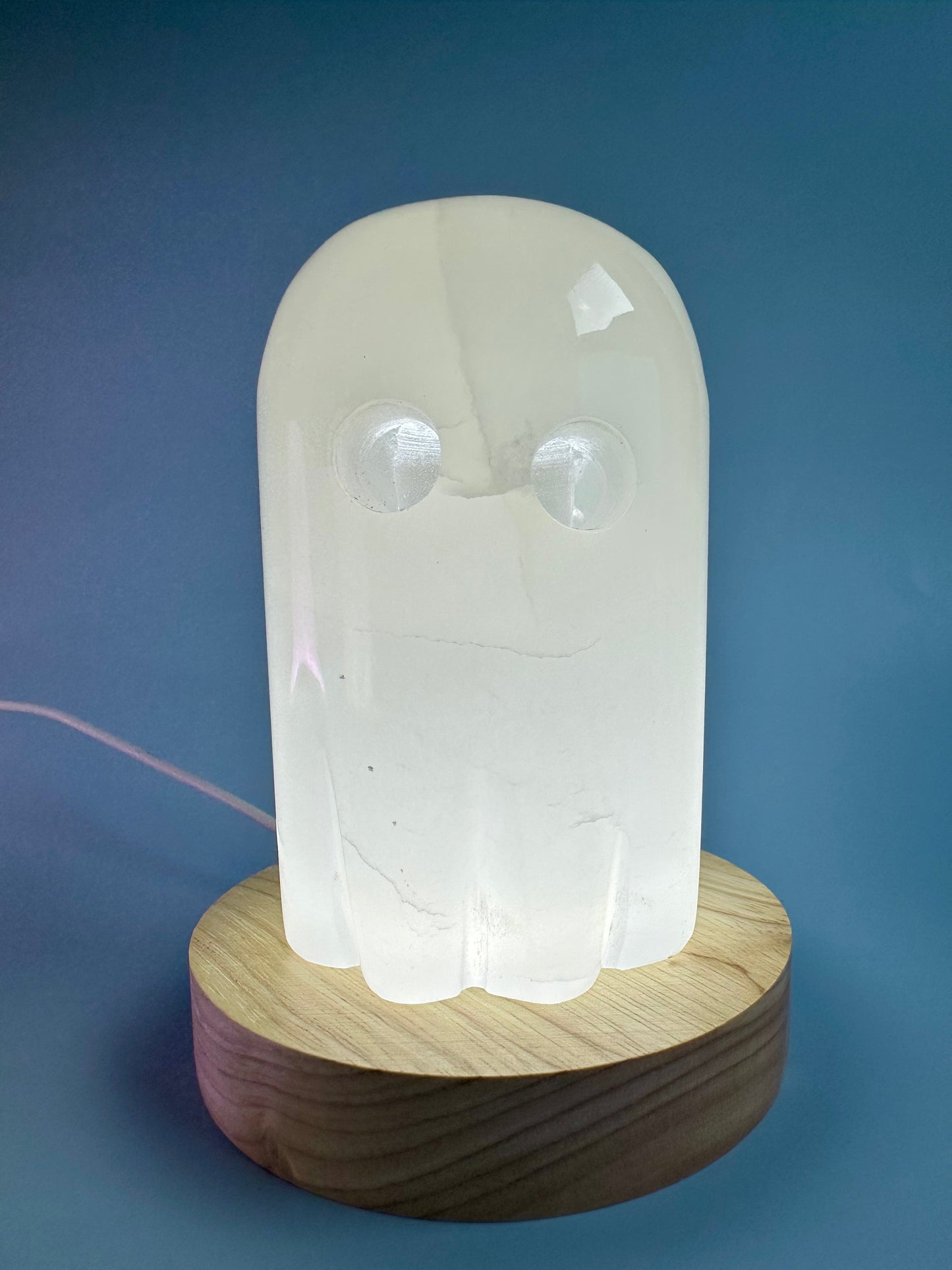 Hand-Carved Onyx Ghost Carving with Wooden Lamp Base – LED Cool-Toned White Light