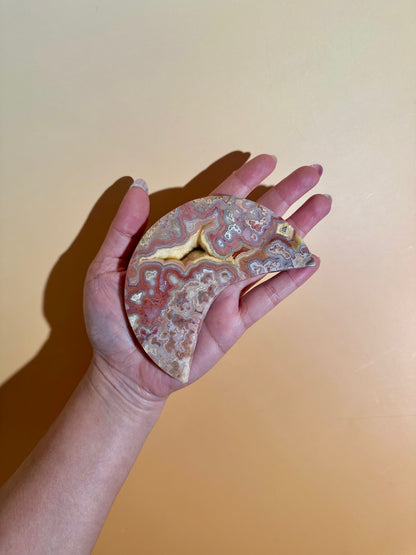 Pink Crazy Lace Agate Crescent Moon Carving – Option B | Positivity & Heart Healing Energy
