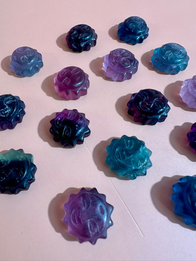 Mini Rainbow Fluorite Smiley Sun | Crystal Carving