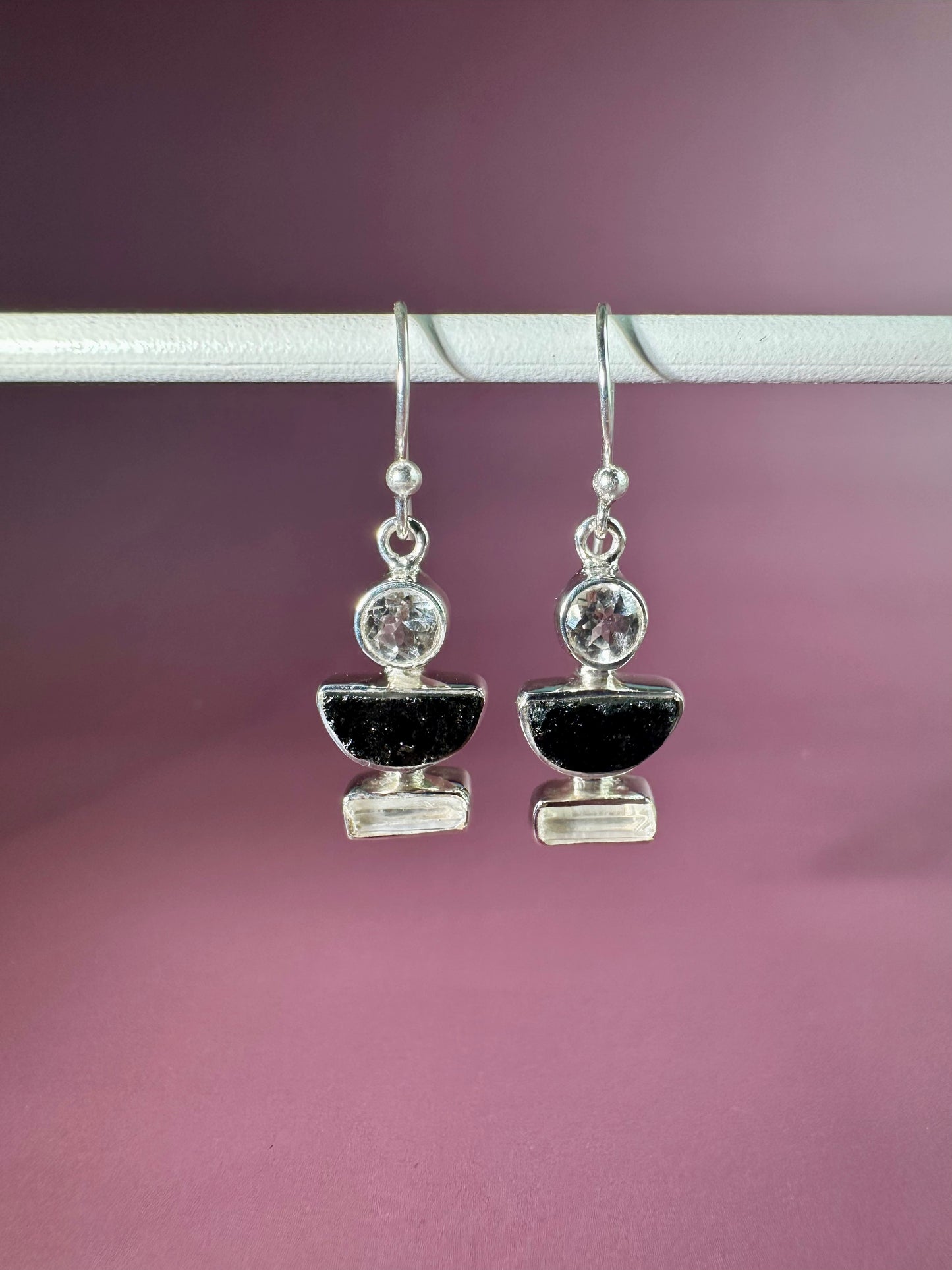 925 Sterling Silver White Topaz and Black Tourmaline Dangle Earrings