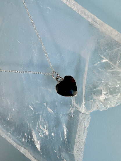 Brass Base with Silver Electroplated Finish Obsidian Heart Necklace