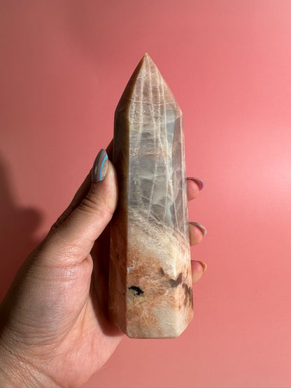 Peach Moonstone Tower – Option D | Intuition, Emotional Balance & Lunar Energy Crystal