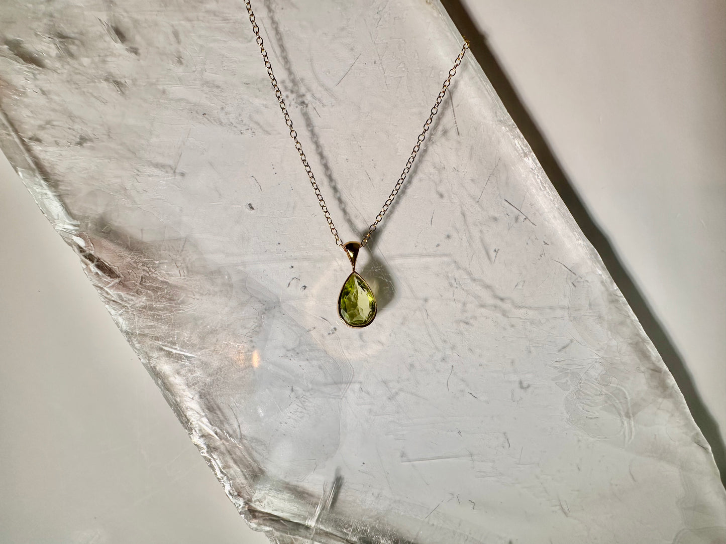 925 Sterling Silver 18K Yellow Gold Vermeil Faceted Peridot Pear Bezel Necklace