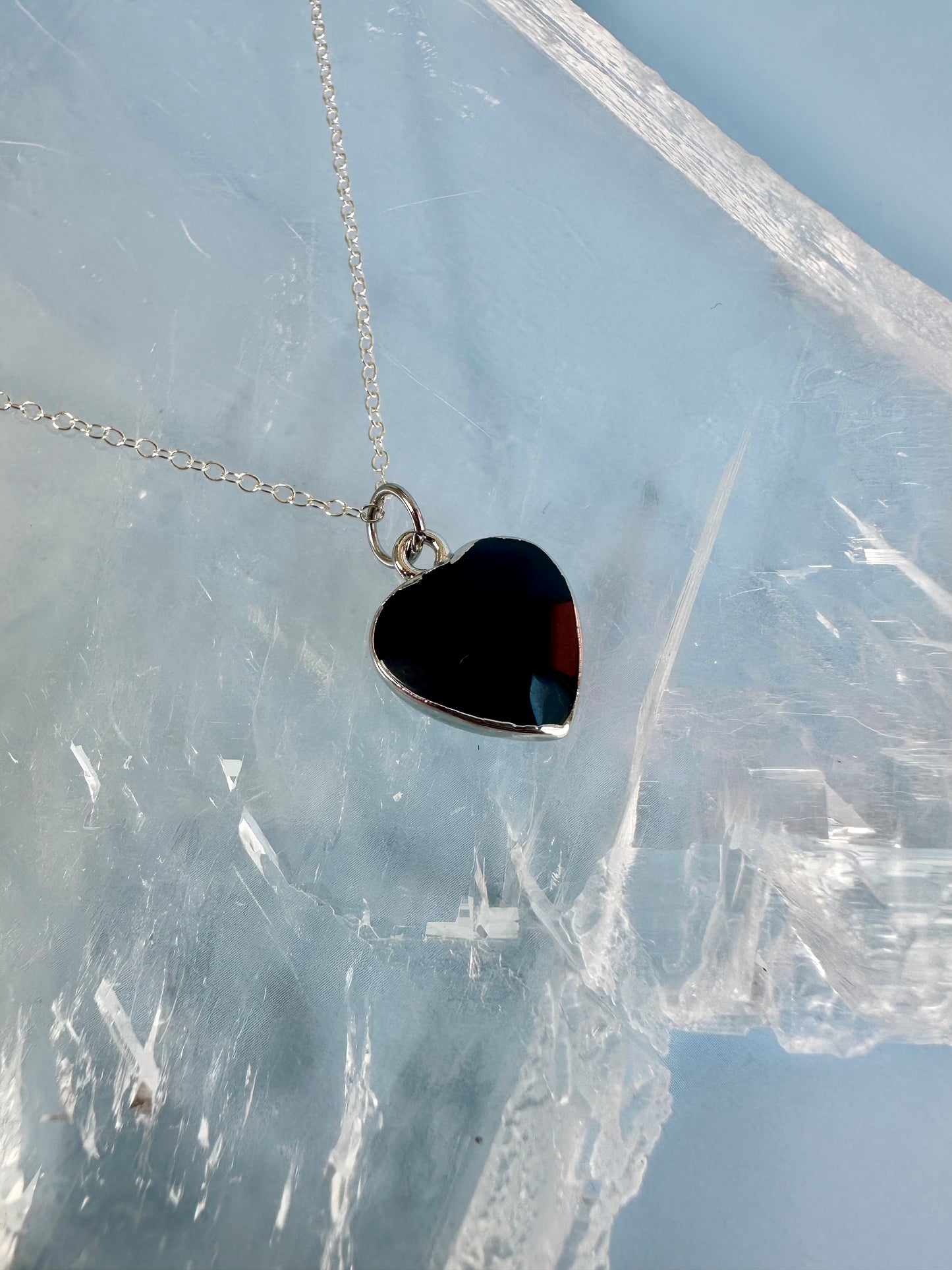 Brass Base with Silver Electroplated Finish Obsidian Heart Necklace