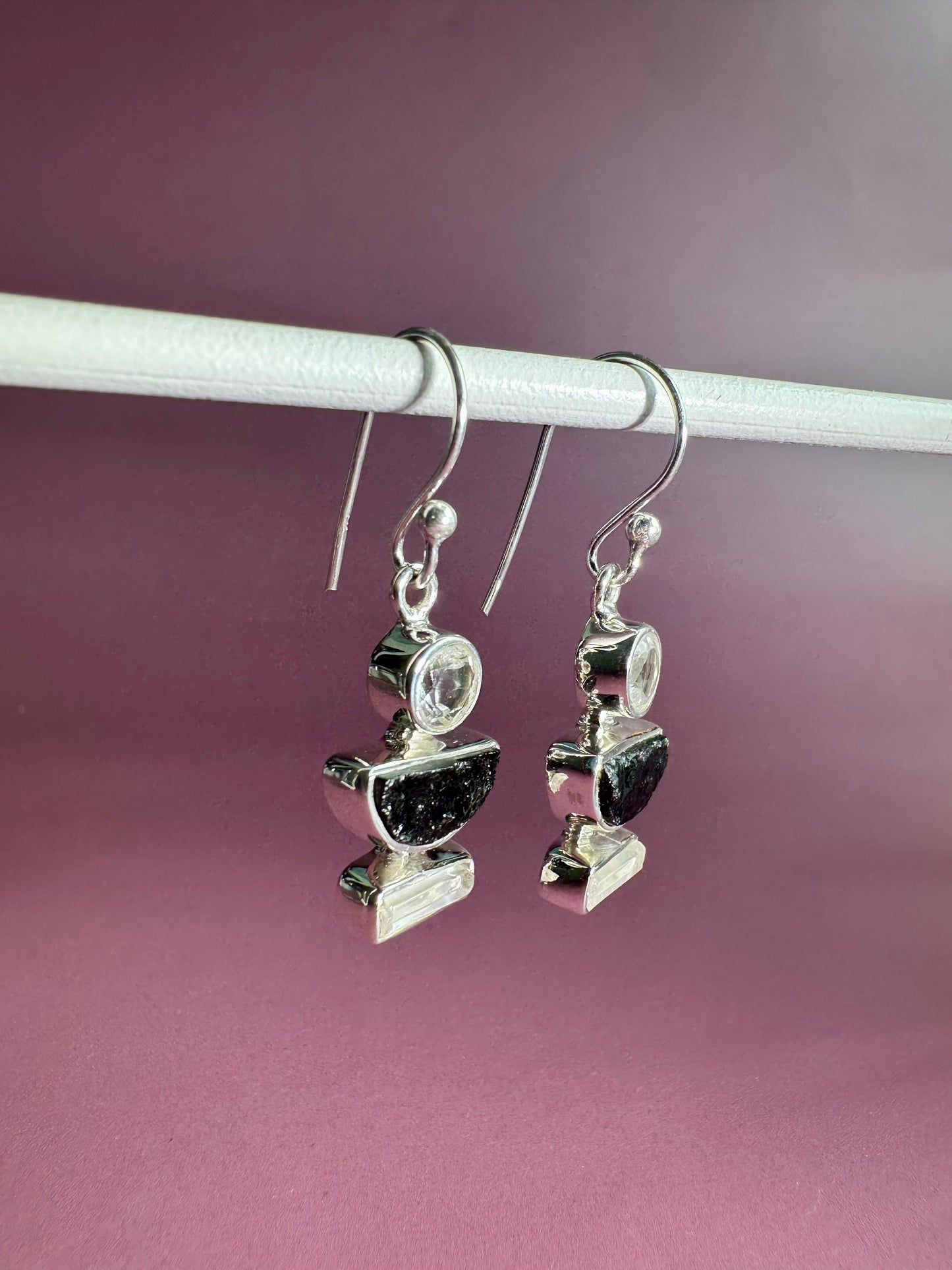 925 Sterling Silver White Topaz and Black Tourmaline Dangle Earrings