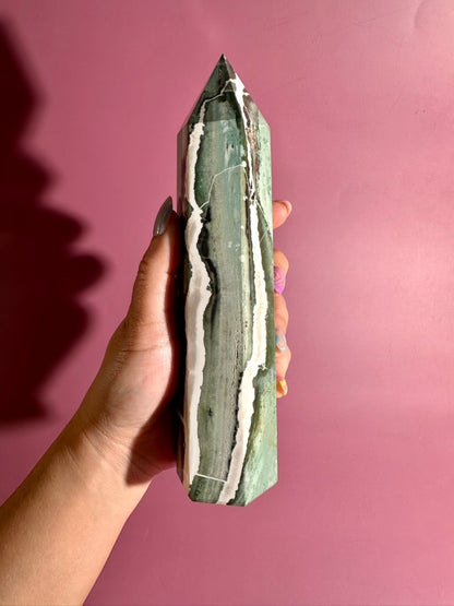 Green Zebra Tower | Growth, Balance & Grounding Crystal Tower