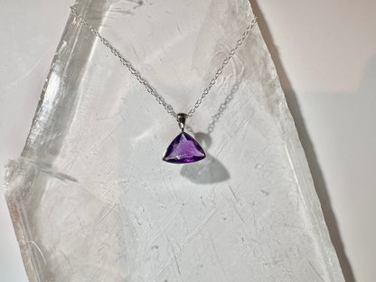 925 Sterling Silver Faceted Trillion (Triangle) Amethyst Bezel Necklace