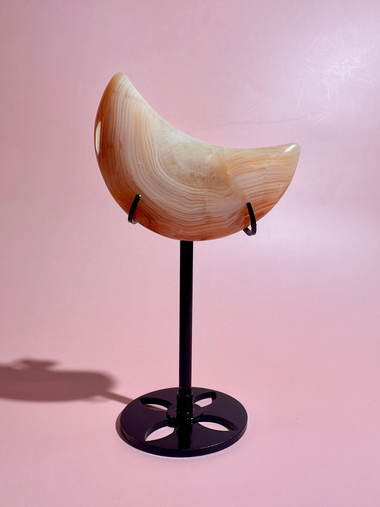 Carnelian Agate Crescent Moon on Black Stand – Option A | Courage, Vitality & Celestial Energy