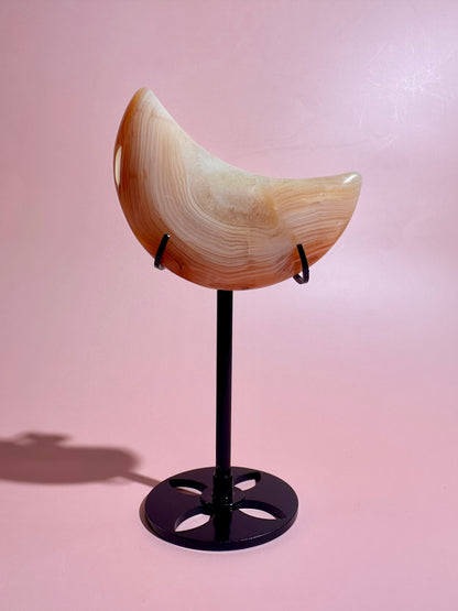 Carnelian Agate Crescent Moon on Black Stand – Option A | Courage, Vitality & Celestial Energy