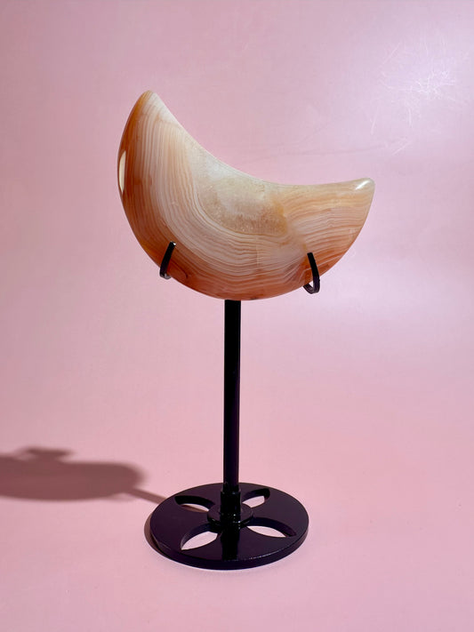 Carnelian Agate Crescent Moon on Black Stand – Option A | Courage, Vitality & Celestial Energy